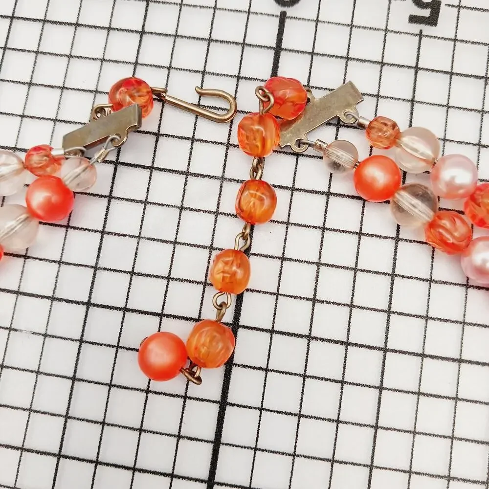 Necklace VTG Beaded Strand Pink Coral Faux Pearl Lucite Palm Beach Mid Century